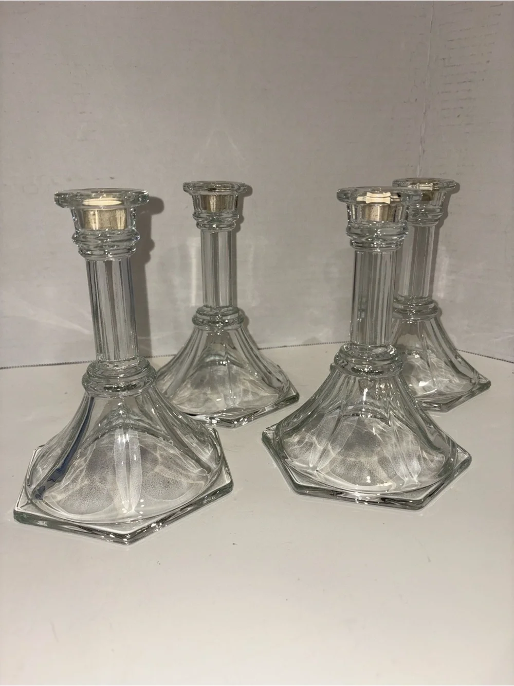 Home Interiors Clear Glass Hexagonal Base Candlestick Holders Set of 4